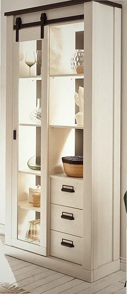 Vitrine Vitrinenschrank weiß Pinie Landhaus Schrank Schiebetür Soft-Close Stove