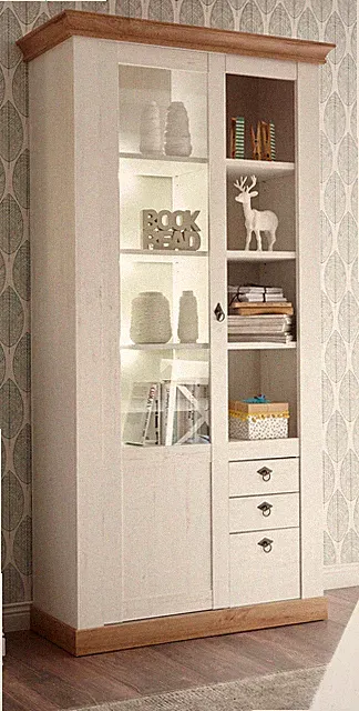 Vitrine Vitrinenschrank Wohn- Esszimmer Schrank Eiche weiß Pinie 102x204 Hemsby