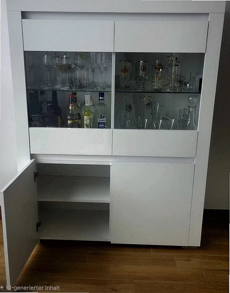 Vitrine Weiß Holz/Glas mit Glastüren, 4 Türen/4 Fächer, 106x139x38,9