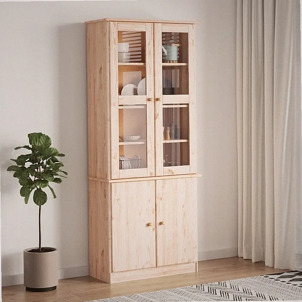 Vitrinenschrank Bücherschrank Standvitrine Vitrine Schrank Massivholz Kiefer