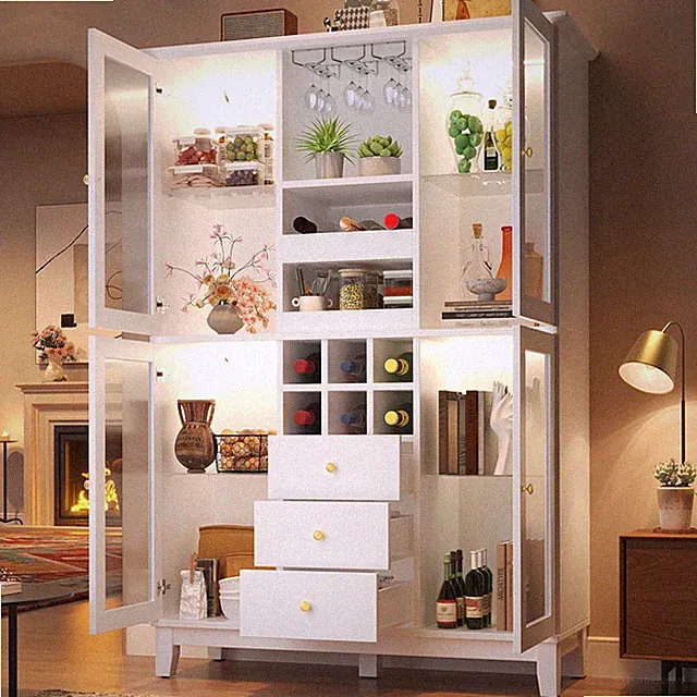 Vitrinenschrank Küchenbuffet Weinschrank LED Küchenanrichte Vitrine,3 Schubladen