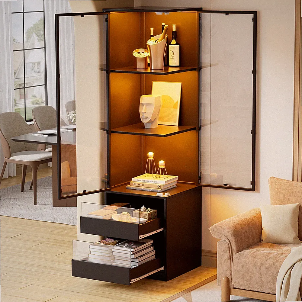 Vitrinenschrank mit LED-Beleuchtung,Vitrine mit 2 Glastüren+2 Schubladen Schwarz