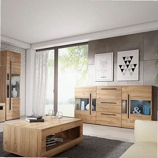 Vitrinenschrank Set Eiche Grandson mit Couchtisch und Vitrine, inkl. Beleutung