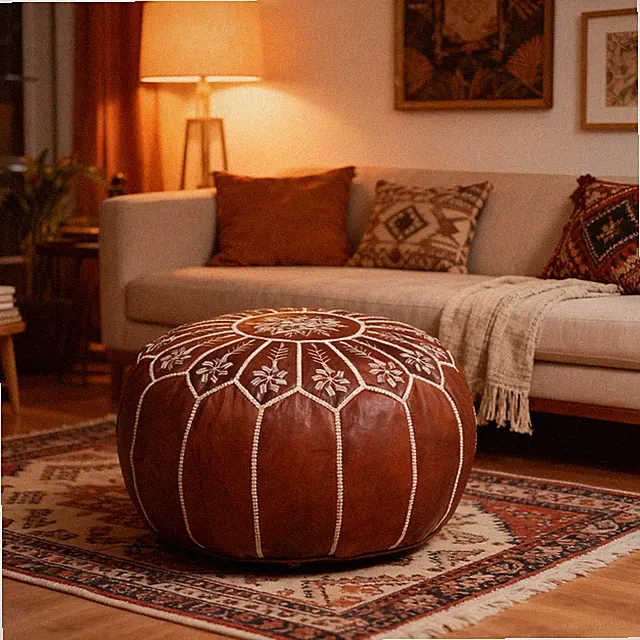 VORGEFÜLLTER brauner Leder Pouf Ottomane Handarbeit marokkanischer Fußhocker Pouf abgerundet
