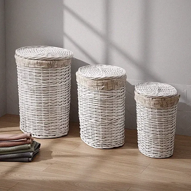 Wäschebox 3er SET Wäschekorb Wäschesammler Wäschetonne Wäschetruhe Weide Rattan
