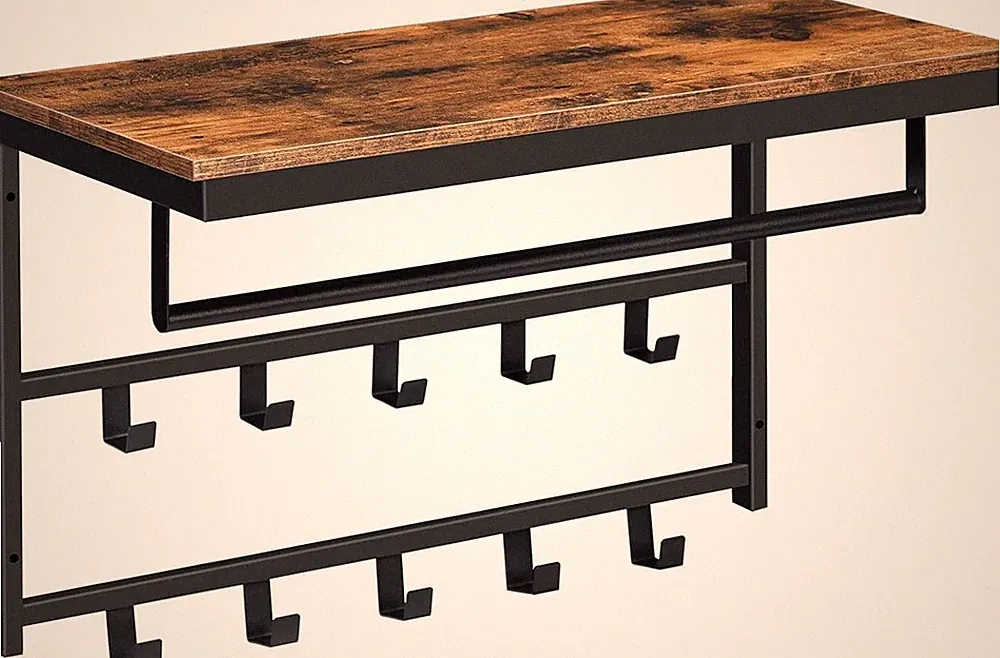 Wandgarderobe mit Ablage 10 Haken Stangen Wandregal Retro-Eisen Holz