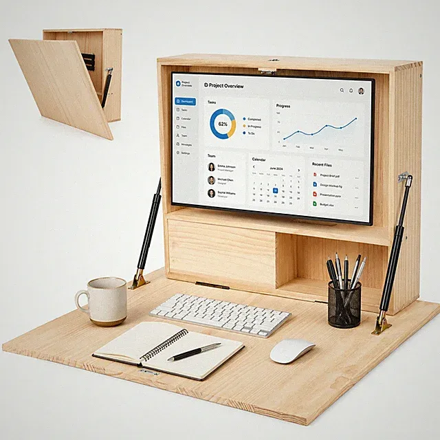 Wandmontierter Falt-Schreibtisch mit Ablage, Stauraum und Monitorhalterung