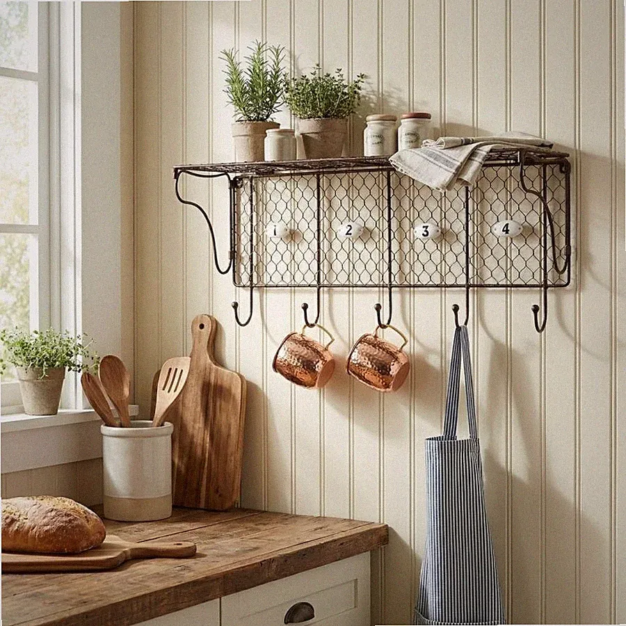 Wandregal Draht Eisen Nostalgie Landhaus Garderobe 5 Haken Hutablage Regal Deko