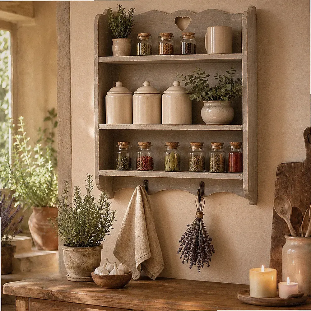 Wandregal Holz Shabby Chic Landhaus Gewürzregal Küchenregal mit Haken Vintage
