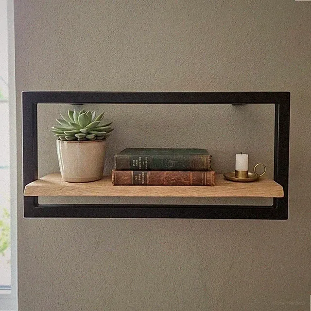 Wandregal Industrial Metall/Holz, 70×30cm, schwarz/Eiche geölt, 1 Fach.