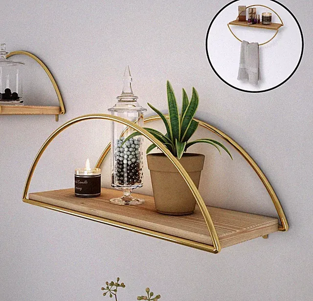 Wandregal ‘Mynämäki’ mit klappbarem Rahmen Metall Holz 39 x 16 x 17 cm Goldfarbe