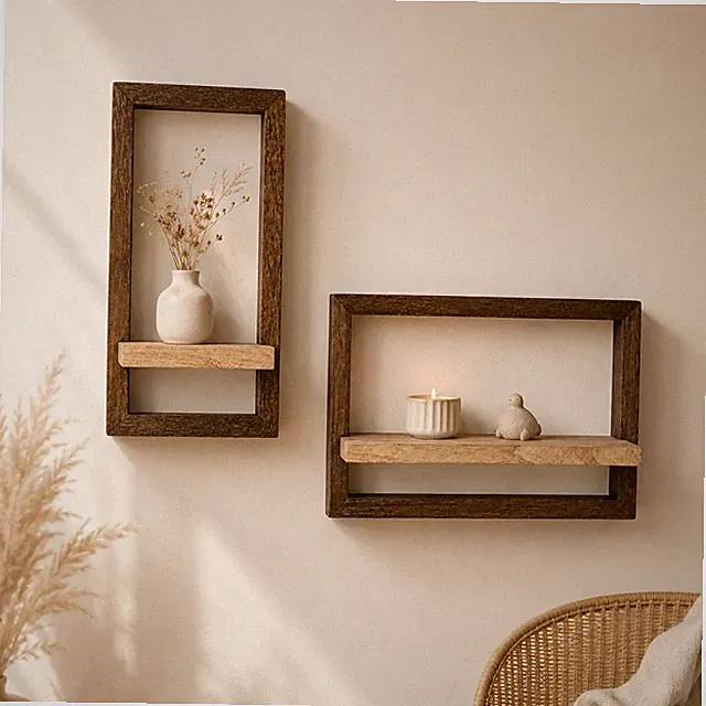 Wandregale Set 2 St. Mini mit Ramen Rustikal Hängeregale Wanddeko Boho Braun