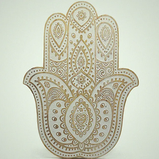 Wandrelief Hamsa mystische spirituelle Kunst aus Mangoholz - Whitewash-Finish UK LAGER