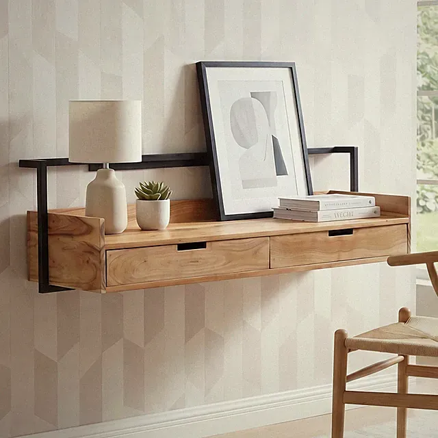 Wandschreibtisch 120cm Massivholz Stauraum Schreibtisch für die Wand Schwebend