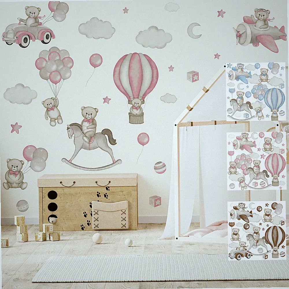 Wandsticker Set für Babyzimmer Bären Ballons Wolken Sterne Tiere Wandtattoo Set