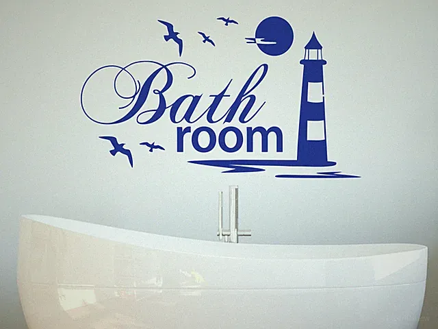 Wandtattoo Badezimmer Schriftzug Bathroom Leuchtturm maritim Meer Möwe Aufkleber