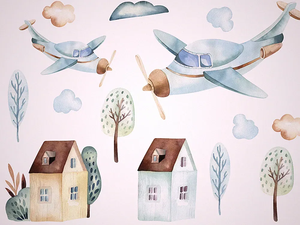 Wandtattoo Kinderzimmer Flugzeuge, Wandaufkleber Haus Wandsticker Set Baum Deko