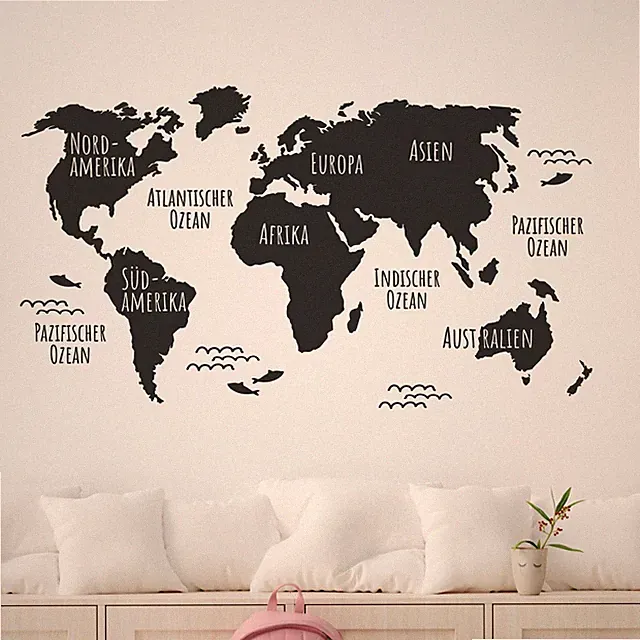 Wandtattoo Weltkarte, Wandaufkleber Kinderzimmer, Wandsticker Kinder, Kontinente