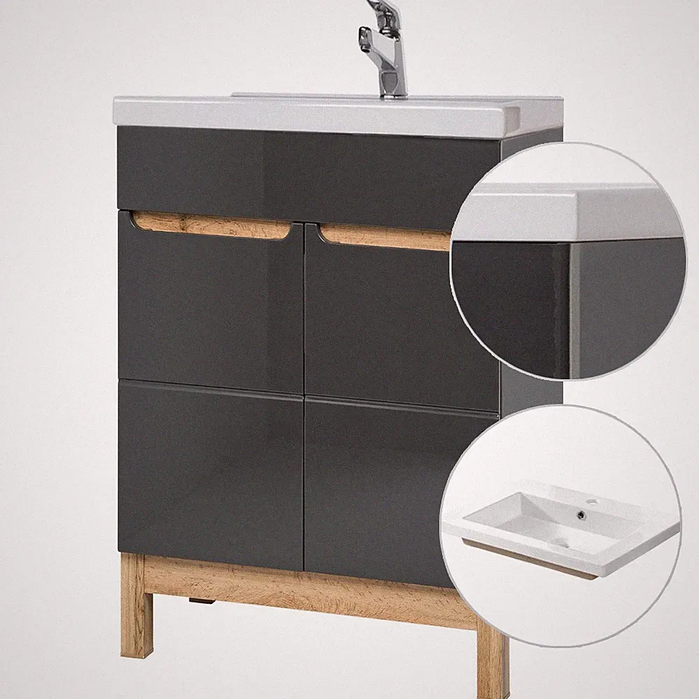 Waschtisch Unterschrank 61cm Keramik Waschbecken Hochglanz Badmöbel Badezimmer