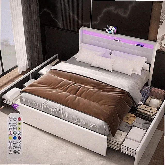 Weiches Bett aus weißem Leder, mit Fernbedienung, Stauraum und Bluetooth-App