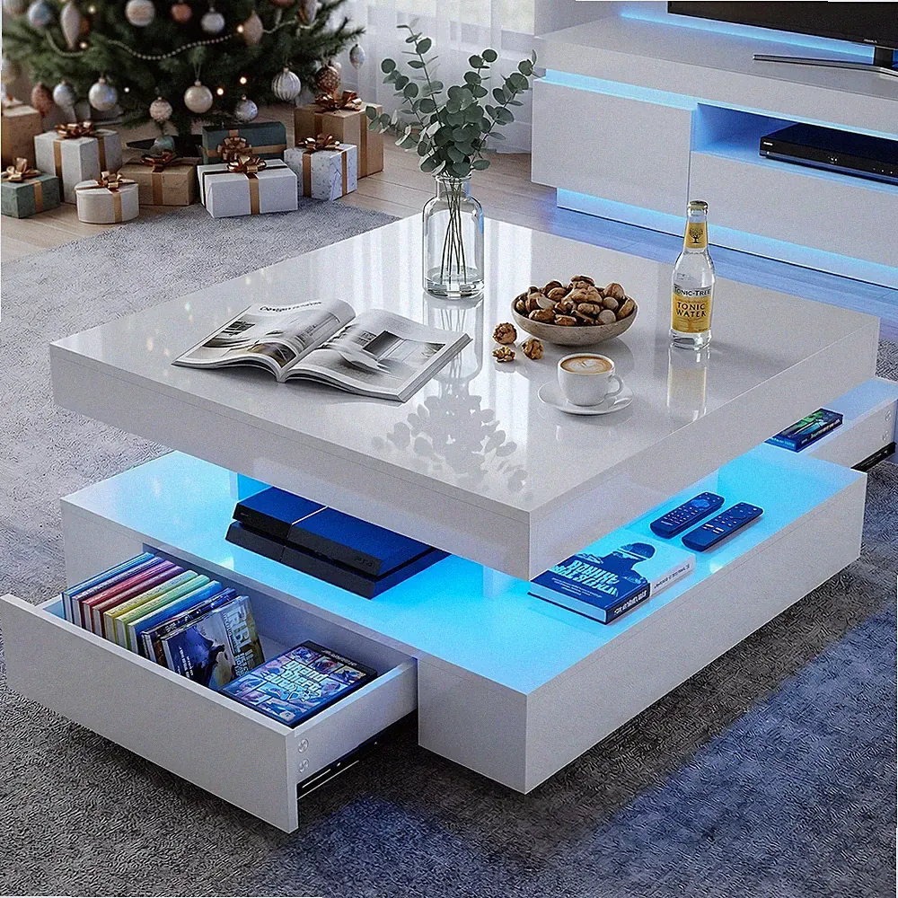 Weiß Couchtisch Sofatisch Wohnzimmertisch Hochglanz mit RGB LED Beleuchtung
