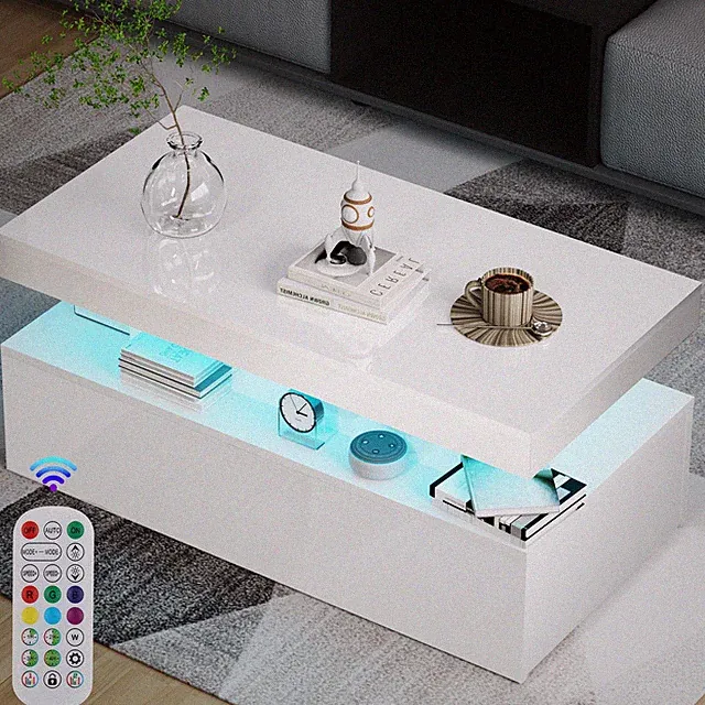 Weiß Couchtisch Wohnzimmertisch Sofatisch Beistelltisch mit LED Beleuchtung 95cm