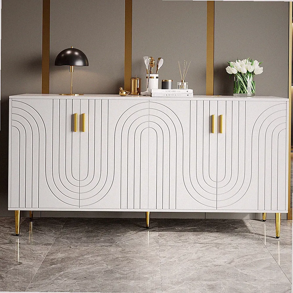 Weiß +Golden Sideboard Anrichte mit 2 Wellendesign Türen 4 Ablagefächern 152 cm