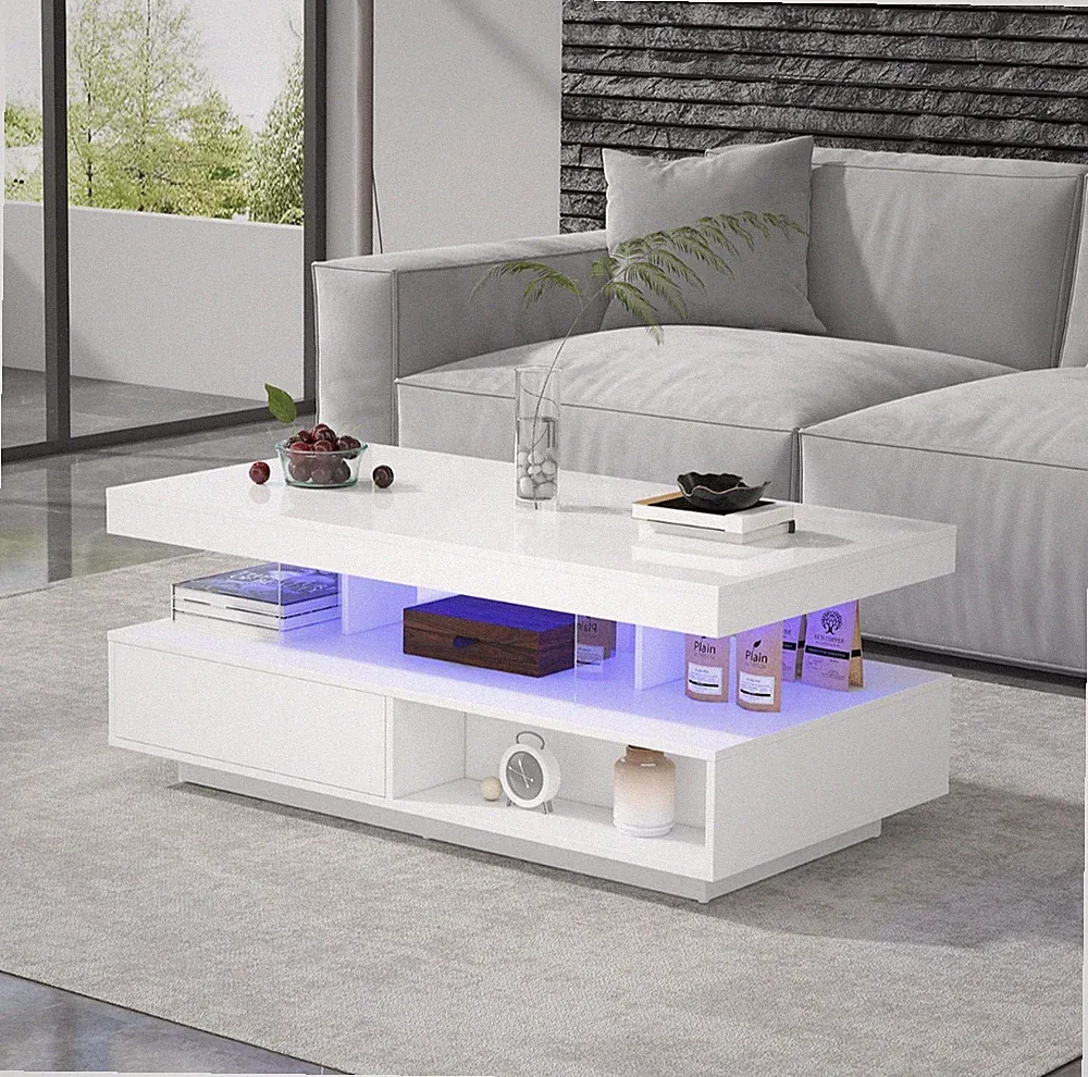 Weiß Hochglanz Couchtisch Sofatisch mit 2 Schubladen 2 offenen Fächer LED-Licht