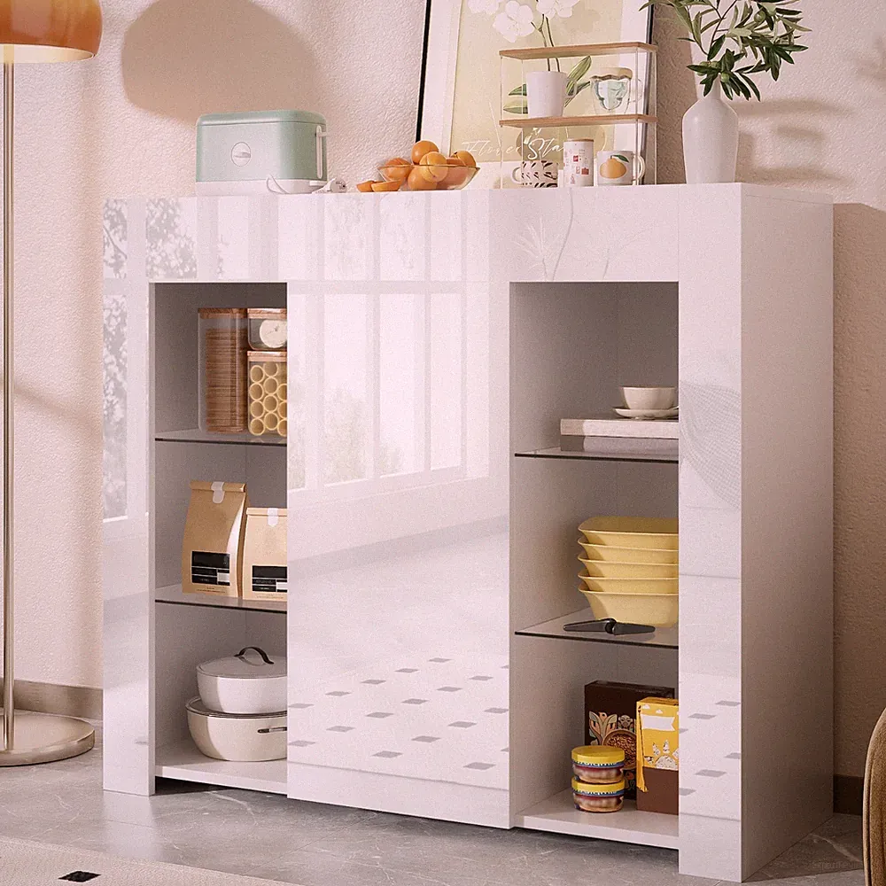 Weiß Hochglanz Sideboard Kommode Anrichte mit Glasregalen Beistellschrank