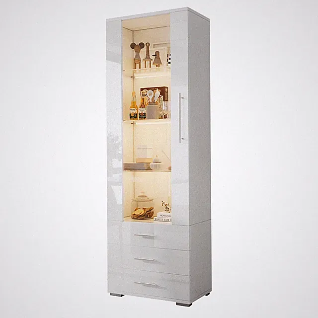 Weiß Hochglanz Vitrine Glasvitrine Standvitrine mit LED-Beleuchtung 3 Schubladen