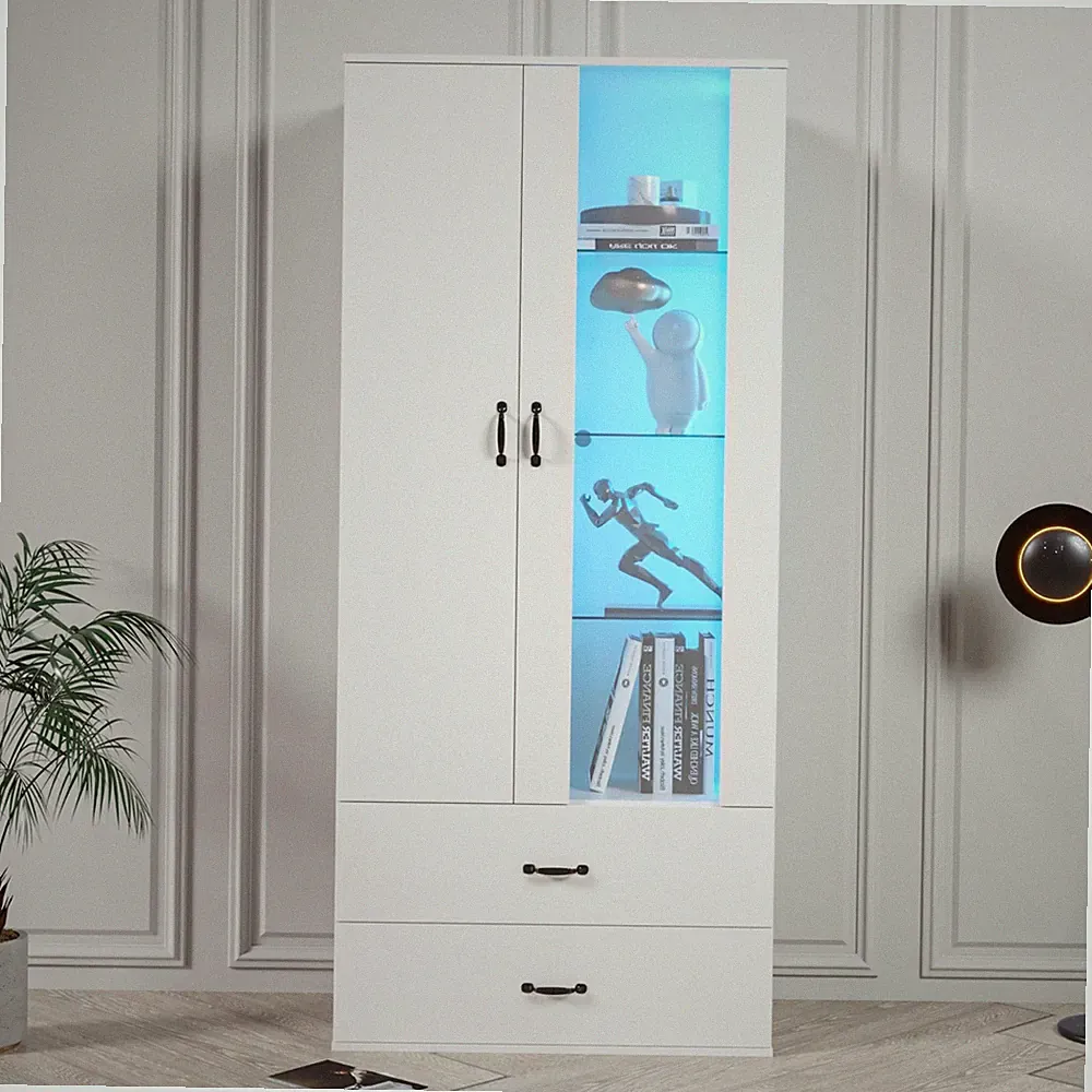 Weiß Hochglanz Vitrine Glasvitrine Standvitrine mit LED-Beleuchtung Glasboden