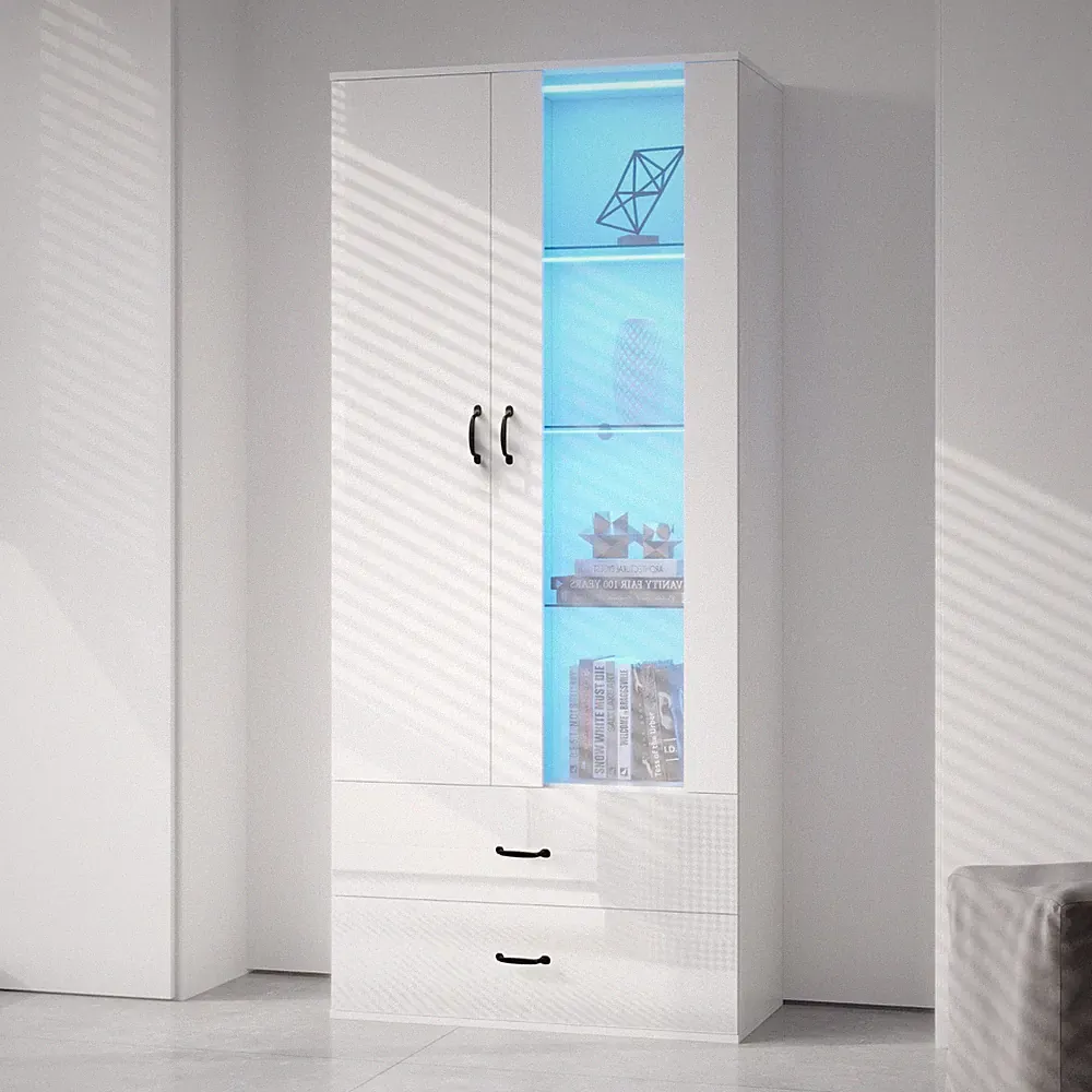 Weiß Hochglanz Vitrine Glasvitrine Standvitrine mit LED-Beleuchtung Glasboden