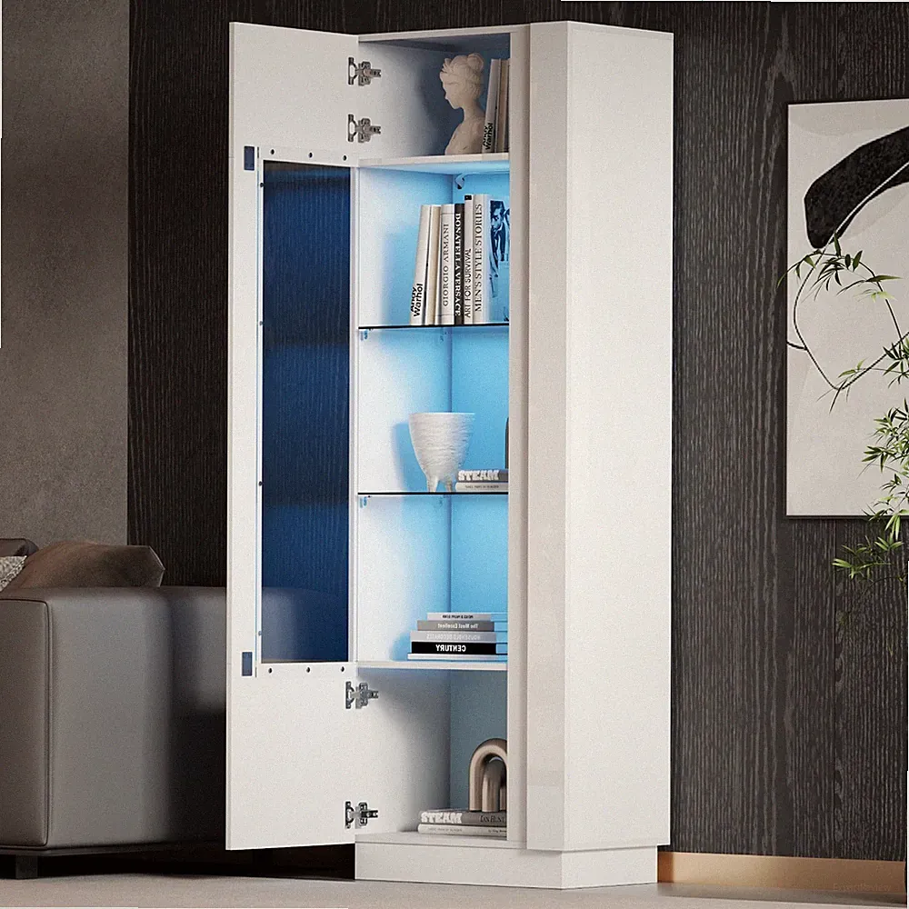 Weiß Hochglanz Vitrine Standvitrine Schrank Highboard mit LED-Beleuchtung Glasbo