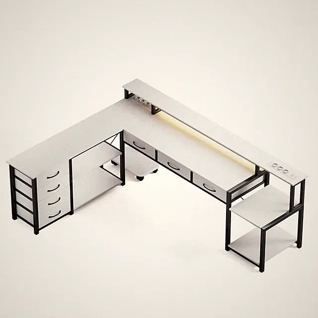 Weiß L Form Schreibtische mit 7 Schubladen Steckdosen Einstellbare LED Lights