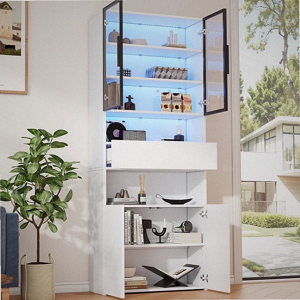 Weiß Vitrine Glasvitrine Standvitrine mit LED Beleuchtung Schubladen Hochschrank