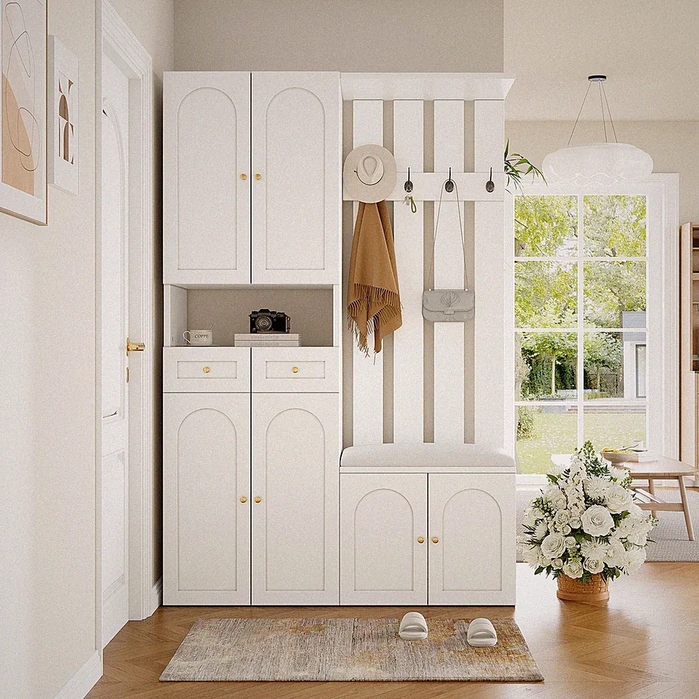 Weiße Flurmöbel, Kleiderschrank-Set mit Schuhbank und Schuhregal (110×180×37cm)