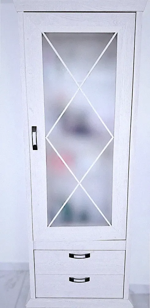 Weiße Vitrine freistehend 80x210x50 cm Glastür Glasfront 2 Schubladen