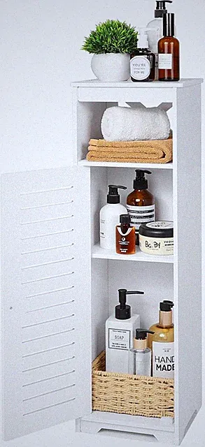 Weißer Badezimmer-Bodenschrank mit Türe und Regal