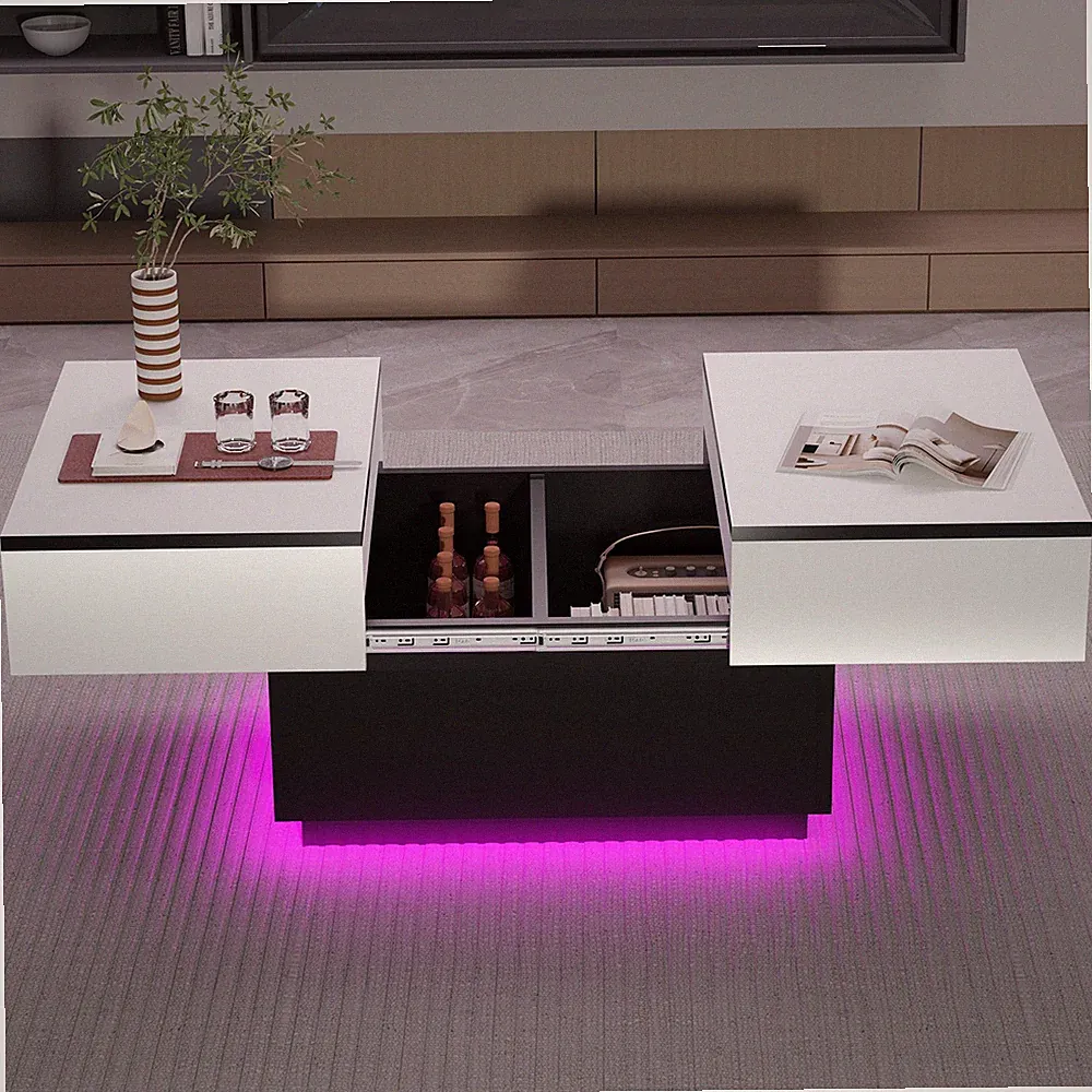 Weißer Couchtisch mit Schubladen RGB LED Modernes Wohnzimmer Stauraum, DE STOCK