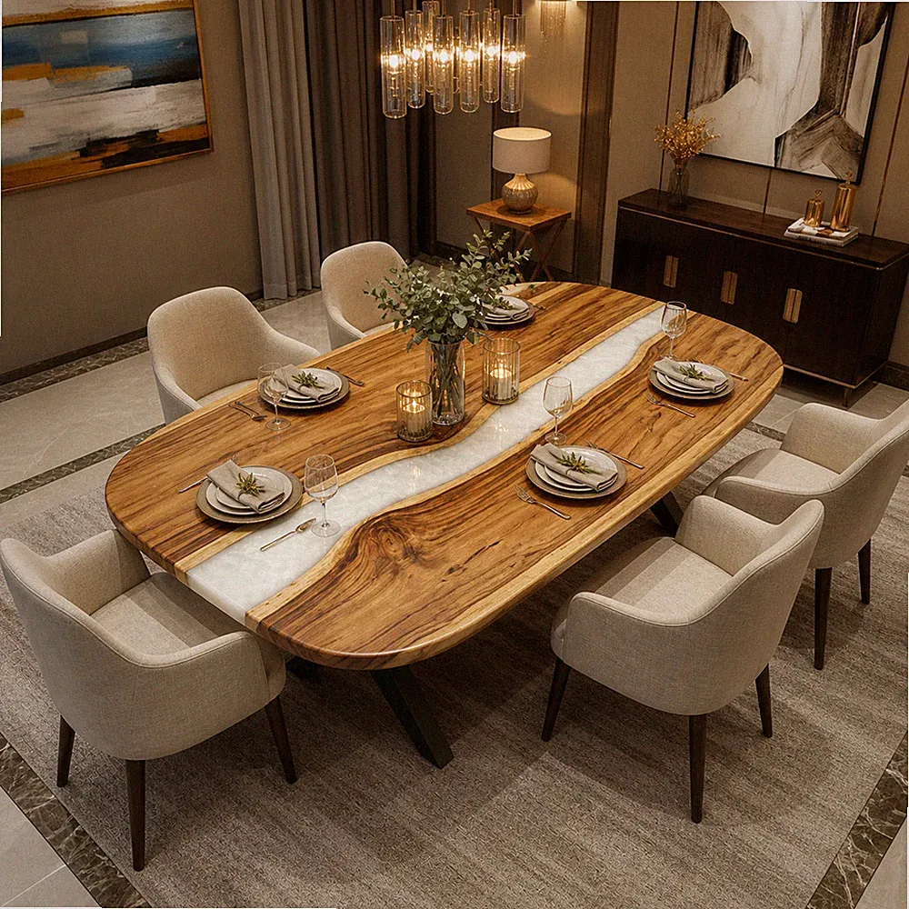 Weißer Harz & Holz Esstisch Modern Minimalistisch River Table Maßmöbel
