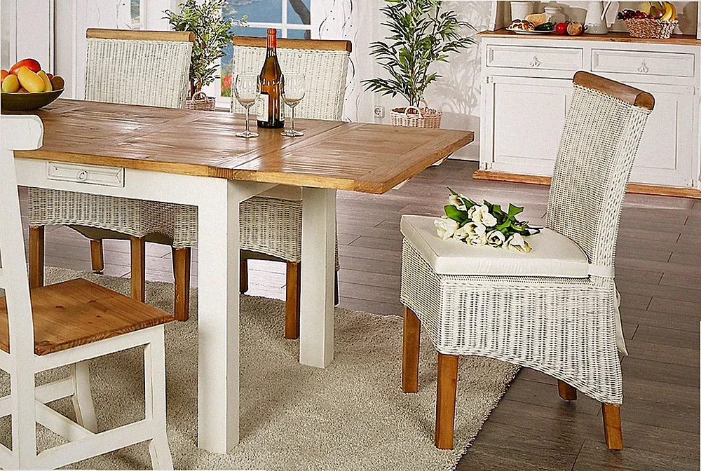Weisser Rattanstuhl, Pinie mit Rattangeflecht, Shabby Chic Esszimmerstühle, weiß