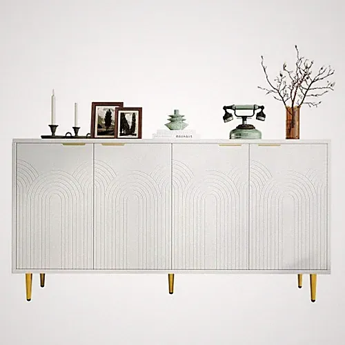 Weißes Sideboard Kommode mit 4 Türen, Goldgriffe & Hochglanzbeine 160x80x40 cm