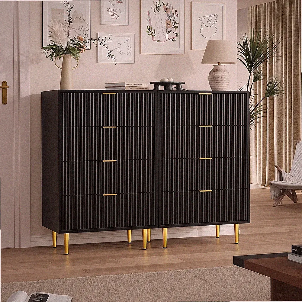 Wellenfront Kommode 4 Schubladen Goldgriffen Metallfüßen Für Schlaf & Wohnzimmer