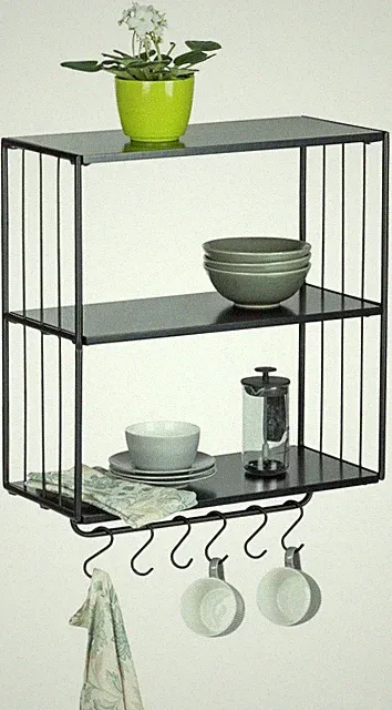 WENKO Wandregal aus Metall/MDF / 3 Etagen und Hakenleiste schwarz 50 x 55 x 23cm