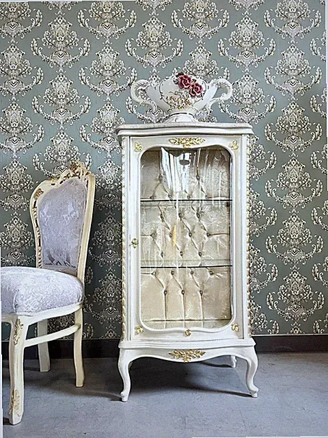 White Display Cabinet Antique Rococo Style Showcase Handmade Gold Finish