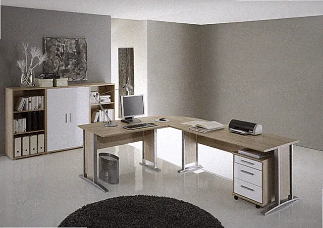 Winkelschreibtisch OFFICE LINE mit Highboard in Eiche Sonoma / weiß