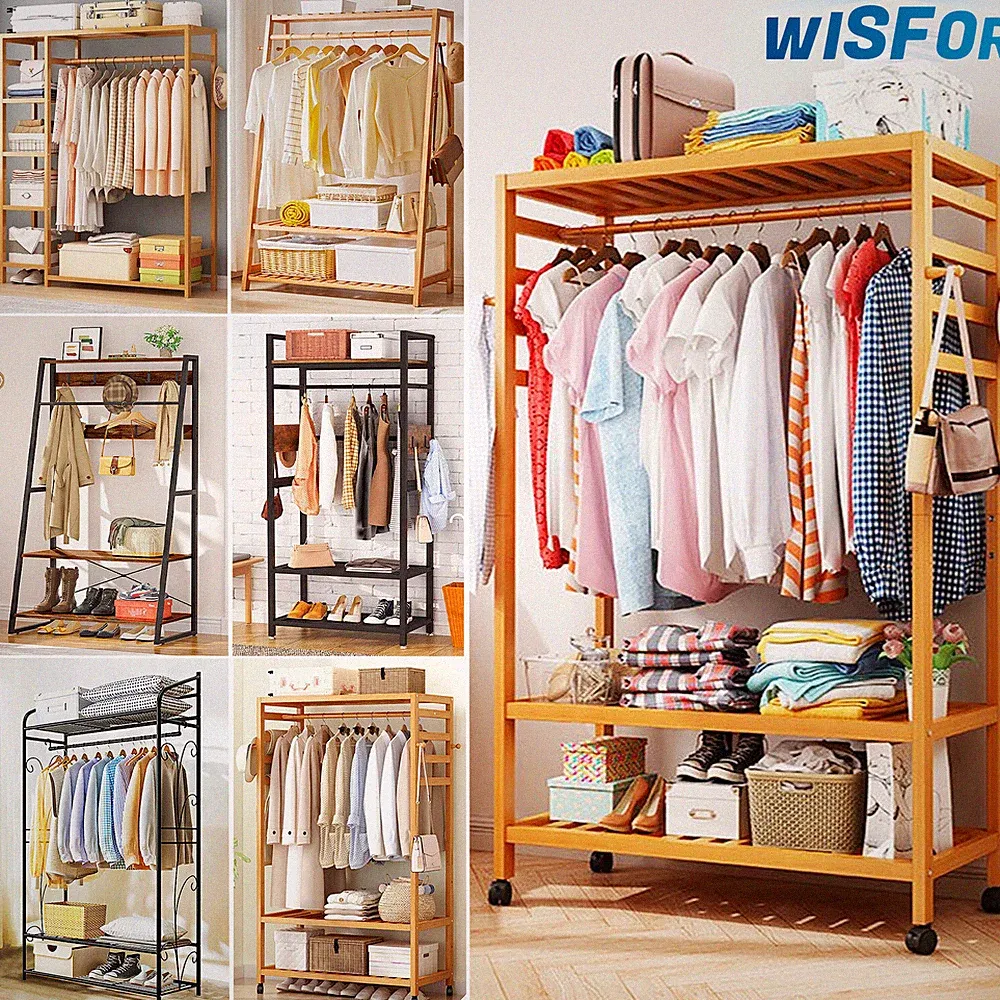 WISFOR Kleiderschrank Garderobenschrank auf Rollen offene Garderobe Massivholz