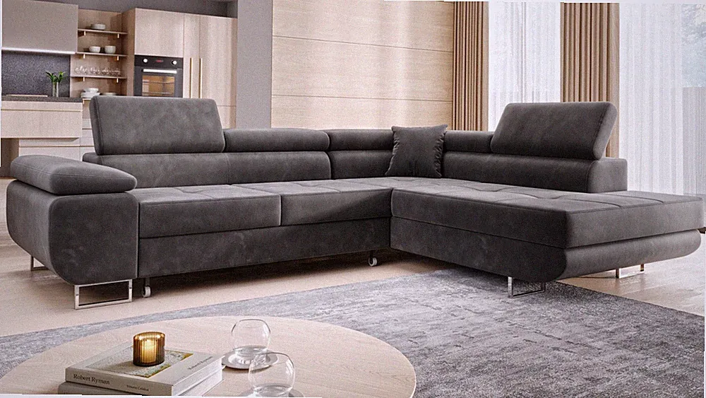 Wohnlandschaft Ecksofa Monaco Samt Grau mit Bett Bettkasten Kopfteilverstellung