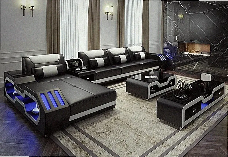 Wohnlandschaft L Form Ecksofa + Couchtisch + Sideboard Design Wohnlandschaft led