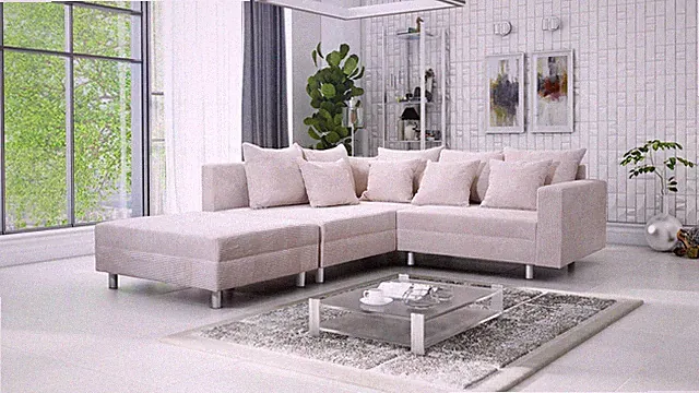 Wohnlandschaft Sofa Couch Ecksofa Eckcouch Cordstoff beige + Hocker Minsk L